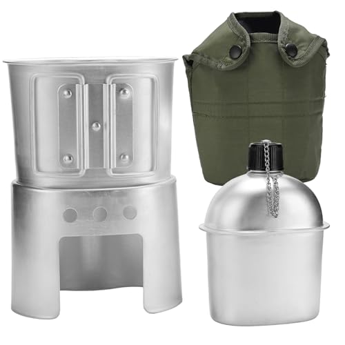Vistnale Cantimplora Militar Kit, Metal de Aluminio 850ml con Taza y Estufa, Set Completo de Cantimploras para Camping, Senderismo y Aventuras al Aire Libre
