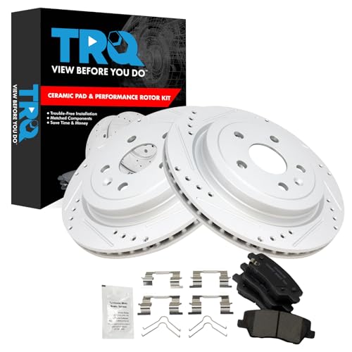 Image of TRQ Performance Rear Ceramic Brake Pad and Rotor Set Coated Drilled Slotted Compatible with 14 Cadillac CTS Base Model Sedan, 15 Cadillac CTS Base Model, 16-18 Vsport