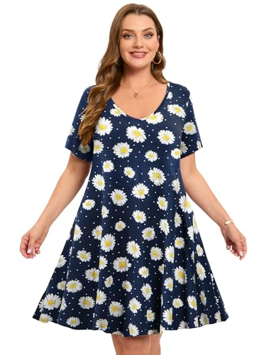 Image of ZENNILO Women's Plus Size Swing Dress with Pockets Casual Summer Dresses V Neck Short Sleeve T Shirt Dress for Women
