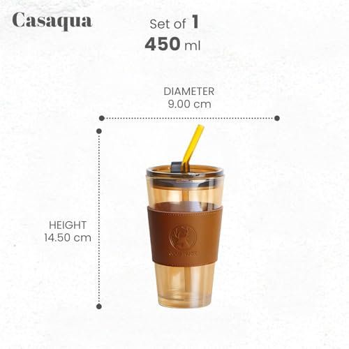 Image of Coffee Sipper Mug with Leather Sleeve, Clear Drinking Glasses Tumblers with Straws and Lids for Iced Tea, Juice, Cocktail, Smoothies Cold & Hot Drink Cups (450ML, Pack of 1, Brown)