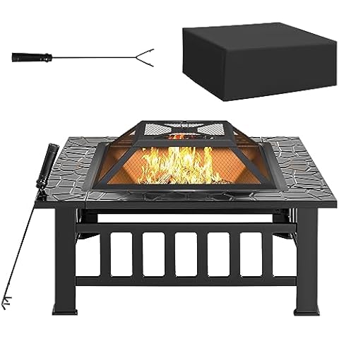 Rankok 32" Multifunctional Outdoor Fire Pit Table with Spark Screen, Fire Grate and Poker Metal Square Fireplace for Outdoor Heating, Backyard BBQ, Camping and Garden Bonfire Party Cover