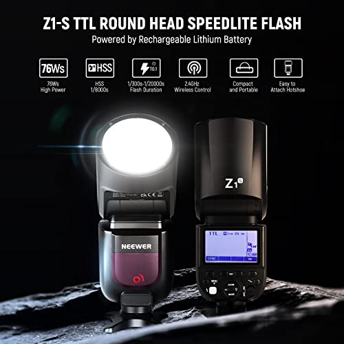 Image of NEEWER Z1-S TTL Round Head Flash Speedlite for Sony DSLR Cameras, 76Ws 2.4G 1 /8000s HSS Speedlight, 10 Levels LED Modeling Lamp, 2600mAh Lithium Battery, 480 Full Power Shots, Recycle in 1.5s Flash