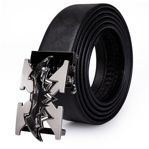Barry.Wang Ratchet Belts for Men Black Leather Dress Belt Bat X Buckle Adjustable Slide Click 1 3/8 Fashion Classic Casual Party Business Wedding