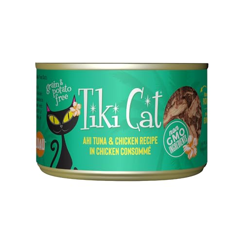 Image of Tiki Cat Luau Shredded Meat, Ahi Tuna & Chicken Recipe in Chicken Consumme, Grain-Free Balanced Nutrition Wet Canned Cat Food, For All Life Stages, 6 oz. Can (8 Count)