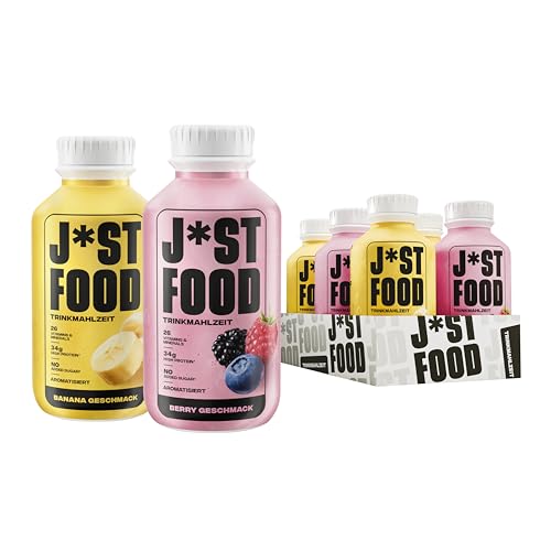 J*ST FOOD Fruity Bundle Trinkmahlzeit – 6×500ml Banana & Berry – 34g Protein, 26 Vitamine & Mineralstoffe, Zuckerfrei, Laktosefrei, Vollwertige Mahlzeit