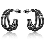 Sterling Silver Hoop Earrings for Women, Huggie Chunky Triple Hoop Earrings Hypoallergenic Lightweight 18k Gold Plated Claw Hoop Earrings Birthday Gifts for Her Girls Black
