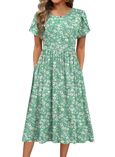 Image of HOTOUCH Women's Summer A-Line Midi Dresses 2026 Casual Floral Short Sleeve T-Shirt Dress Flowy Beach Sundress with Pockets