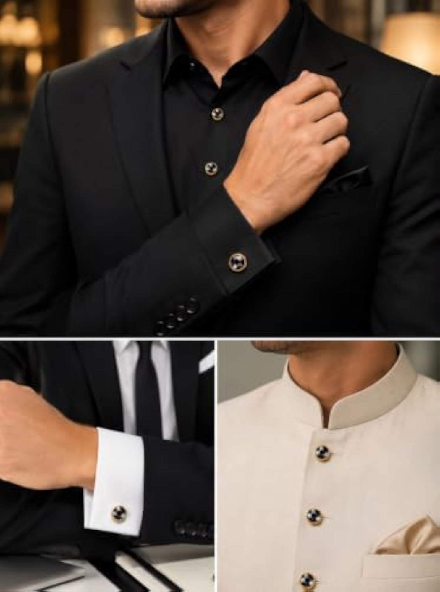 Men's Cufflinks and Stud Buttons Set, Gold Finish