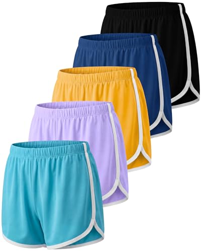 Image of Real Essentials 5 Pack: Girls' Dry-Fit Athletic Dolphin Shorts for Youth Kids Teens Running Gym Sports (Ages 4-16)