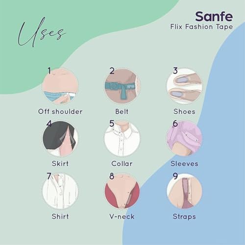 Image of Sanfe Flix Fashion Tape for Body & Clothing | Double-Sided Lingerie & Dress Tape | Hypoallergenic, Gentle Adhesive, Fabric-Friendly | Pack of 12