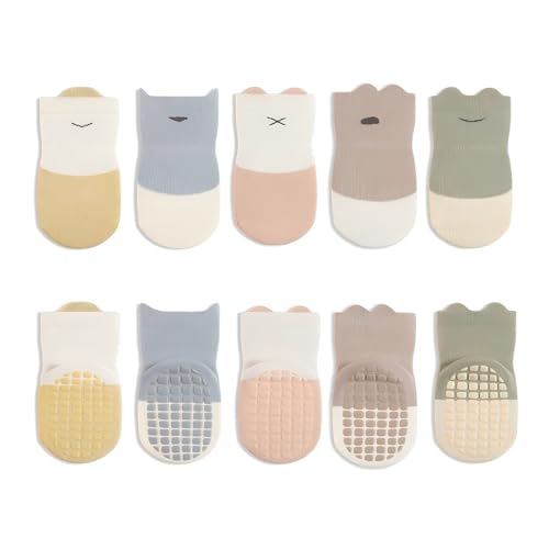 KARUNEL Baby Ankle Socks Non Slip Grips Crew Casual Anti Skid Sock for Newborn Infant Toddler Kid Boy Gilr 5 Pairs Animal-A 6-12 Months