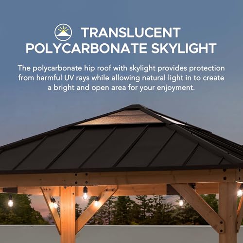 Sunjoy Hardtop Gazebo 9 x 9 ft. Cedar Framed Wood Gazebo with Brown Steel & Polycarbonate Pyramid Hip Roof and Ceiling Hook for Garden, Backyard Shade, Brown Roof + Natural Wood Frame - Image 6