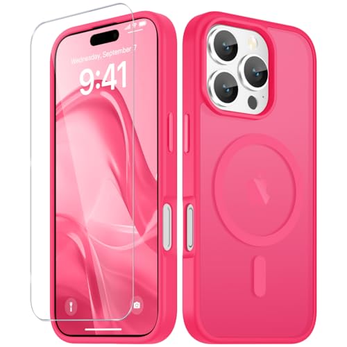 Image of YENAPOON for iPhone 16 Pro Case, Matte Magnetic Phone Cover [with 1 Screen Protector] [Support for MagSafe] [Shockproof Military Grade Protection] Translucent Frosted Back, Hot Pink
