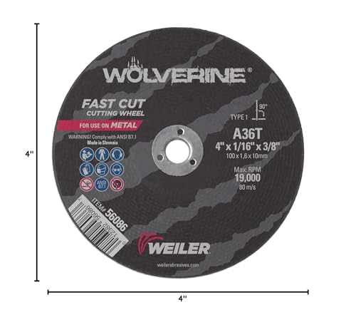 Image of Weiler 56086 4-Inch Cutting Wheel, Wolverine AO Steel /Metal Fast Cut, Value Cutting, 1 /16 inch A36T Type 1 3 /8 inch Arbor (Pack of 25)