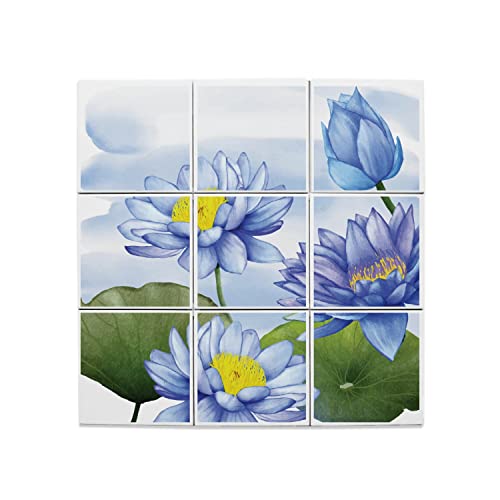 Carreaux céramique lotus bleu estampe japonaise lot de 9 de 15,2x15,2 cm pour décoration murale