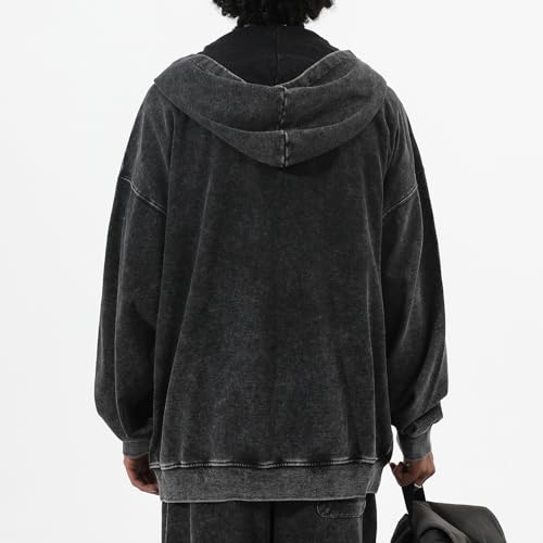 Bobeutou Mens Zip Up Acid Wash Hoodie Vintage Oversized Casual Fall Jacket Cotton Hooded Sweatshirts with Pockets Streetwear4