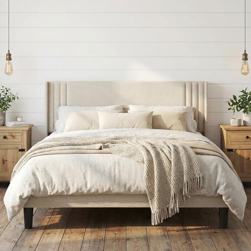 Gizoon Queen Bed Frame with Wingback Headboard Upholstered Platform Bed Wooden Slats Noise-Free No Box Spring Needed Easy Assembly
