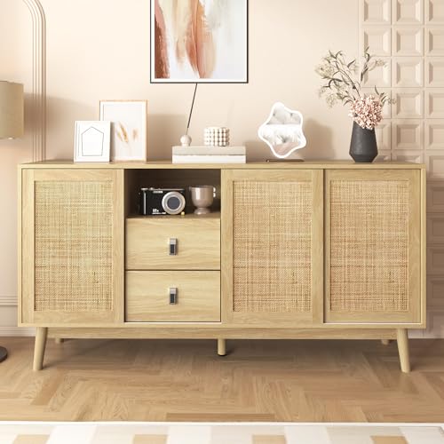 SUKY Aparador con 3 puertas correderas de ratán auténtico y 2 cajones, transpirable, estable y versátil, 155 x 38 x 80 cm