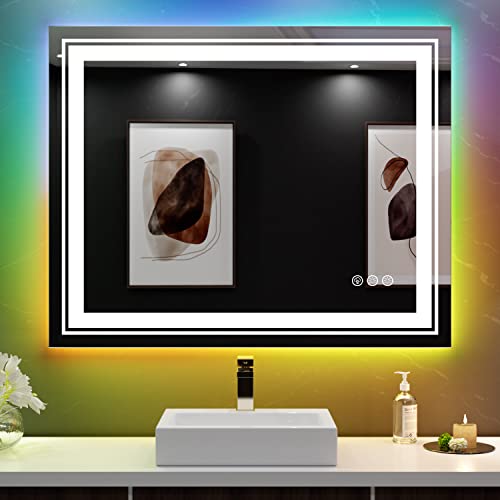 LED Mirror for Bathroom, 40"X32" with 8 RGB Backlit +3 Front Lit (Adjustable Individually), Anti-Fog, Lighted Bathroom Vanity Mirror for Wall, Shatterproof, Memory Function, Tempered Glass