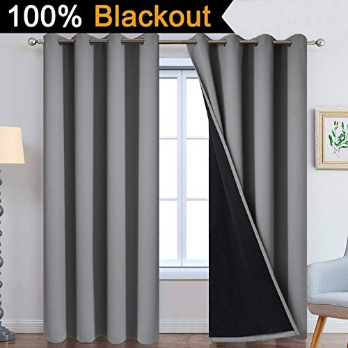 Image of Yakamok 100% Blackout Curtains 96 Inches Long, Total Blackout Lined Curtain Panels for Bedroom, 2 Thick Layers Grommet Top Thermal Insulated Blackout Drapes for Living Room(52Wx96L, Grey, 2 Panels)