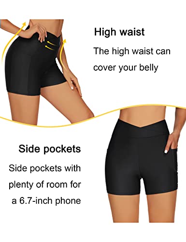 Tournesol Women's 4" Swim Shorts High Waisted Swimsuit Bottoms Cross Waist Bathing Suit Swimwear Boy Shorts with Pocket4