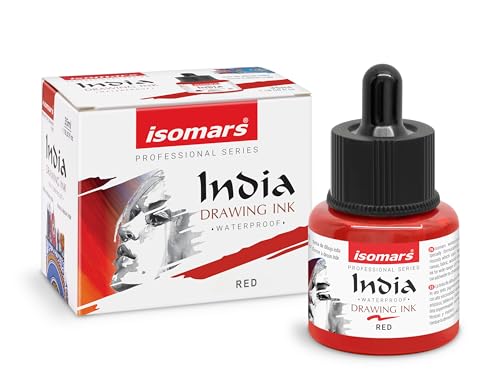 Image of Isomars Waterproof Drawing Ink with Dropper - 35ml | India Ink for Calligraphy, Art, Technical Drawing | Fade-Resistant & Quick-Drying (Red)