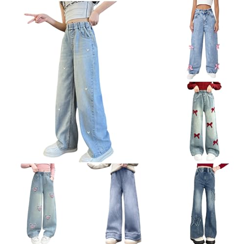 Girls Jeans Baggy Wide Leg Cute Denim Pants High Waisted Trousers Kids Y2K Streetwear with Pockets 5-14Y