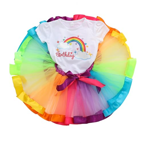 Image of Rainbow Birthday Outfits for Girls-T-shirt,Tutu Skirt Dress,Ruffle Socks,Headband,Unicorn Gifts for Girls