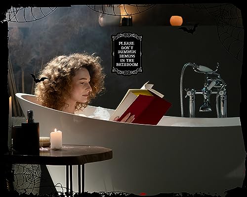 COLOR VALLEY ART Gothic Wall Art, Please Do Not Summon Demons In The Bathroom, Funny Gothic Decor Bathroom Wall Decor, Wooden Spooky Wall Hanging (B, 7x10 Inch)