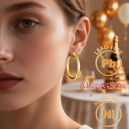 Hoop Earrings for Women, 18K Gold Plated Hoops Earrings, Hypoallergenic Lightweight Comfort Hollow Tube Hoops with Secure Push Lock, Chunky and Sleek Gold Hoops Large Earrings 20/30/40/50/60MM2