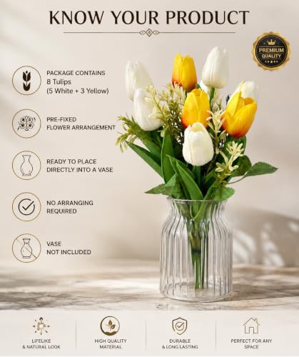 Image of Divyakosh Artificial Flowers Bunch (Vase Not Included). Artificial Flower for Vase Flower Bouquet Gift White & Yellow Mix Artificial Tulip Bouquet for Living Room Office Dining Table