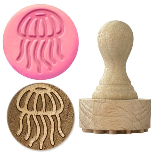 OLYCRAFT Holzstempel Mit Griff 4.3x2.7cm Quallen Rundstempel Holz Tonstempel Runder Holzstempel Runde Töpferstempel Kleiner Stempel Für Kartengestaltung DIY Bastelarbeiten Brieftagebuch