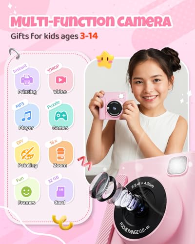 Image of TIATUA Kids Instant Print Camera, 1080P HD Video Digital Toy, Pink | Includes 32GB Card, 3 Rolls Paper & 5 Coloured Pens, Inkless Print, 16x Zoom, Christmas Birthday Toy Gift for Kids 3-14