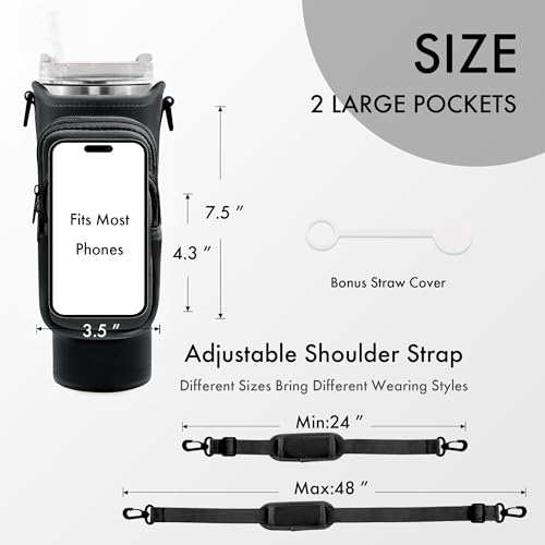 Image of Water Bottle Carrier Bag with Phone Pocket for Stanley Cup 40 /30 oz, Water Bottle Holder with Adjustable Strap& Straw Cover, Stanley Cup Accessories (Black)