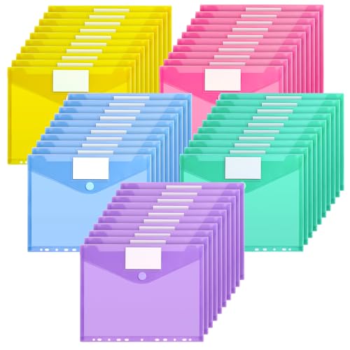 50 Stück Dokumententasche A4 Dokumentenmappe Wasserdichte Mappen mit 11 Löchern Klettverschluss und Etikettentaschen 5 Farben Durchsichtige Sammelmappen für Dokumente Organisiere
