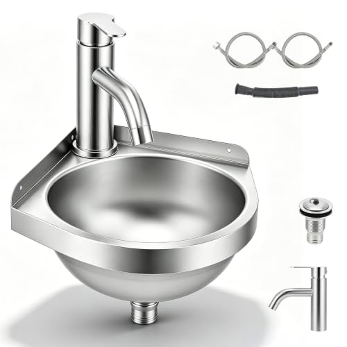 Image of Stainless Steel Sink Wall Mounted - Compact Small Sink with Hot/Cold Taps, Portable Sink for Campervan Sink, Outdoor Sink, Kitchen Sink & Bathroom Sink (Triangular Corner Sink Bowl 21x21x15cm)