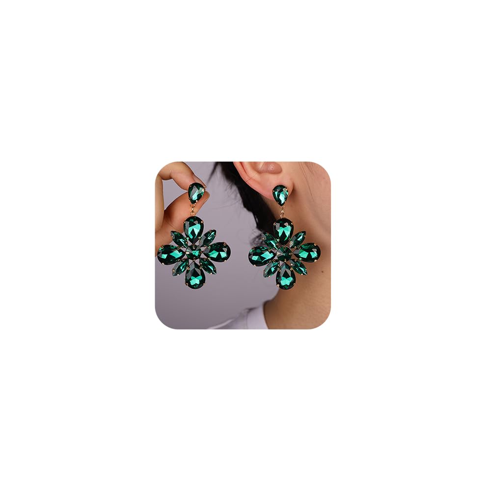 Missgrace Boho Sexy Fashion Women Silver Colorful Green Statement Tassels Rhinestones Shining Dangle Drop Bar Prom Halloween Earrings for Women (Green)