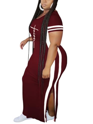 Image of PINSV Women Plus Size Maxi Dress Summer Short Sleeve Split Long Dress