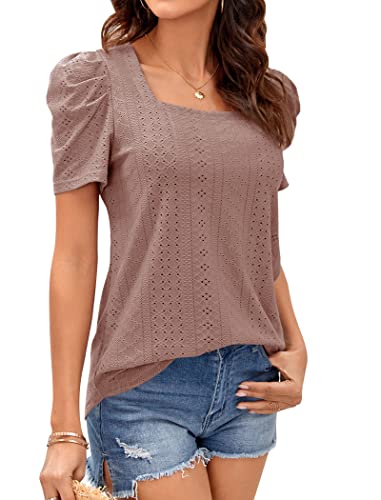 Miladusa Womens Casual Square Neck Tops Business Casual Summer Puff Sleeve Eyelet Tops And Blouses (01-Red, Large) #TOP2