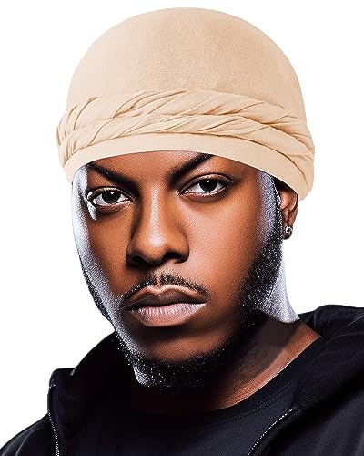 BEACE Silk Satin Lined Pre-Tied Turban Durag Head Wrap for Men & Women, Halo Turban Skull Cap Bonnet Hair Cover for Sleeping White