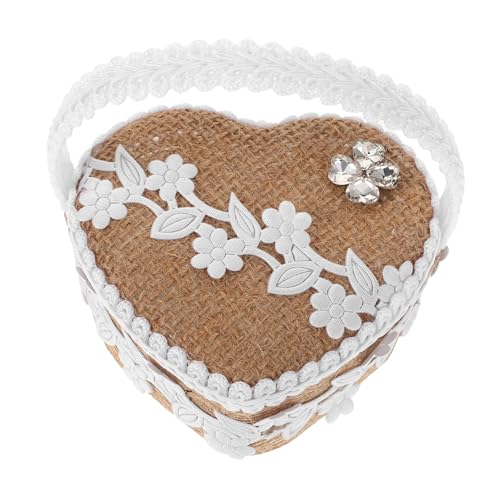 WOFASHPURET Handheld Jute Box Rhinestones Elegant Engagement Pillow Holder for Weddings Unique Keepsake Jewelry Storage Decorative Heart-shaped Design for Ceremony