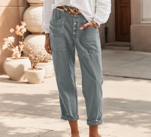 Casual Pants for Women Linen High Elastic Waist Button Capri Pants Loose Baggy Wide Leg Trousers with Pocket2