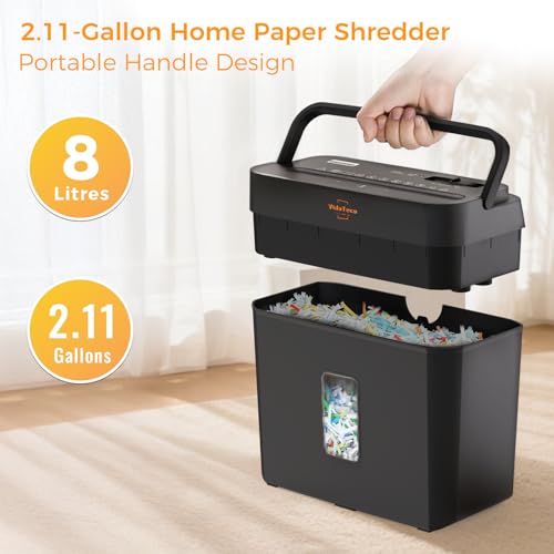 Image of VidaTeco 6-Sheet Cross Cut Paper Shredder for Home & Office, 8L Bin | Compact for Home & Office, 3-min Run Time, Shreds Credit Cards, Staples & Clips, Portable Handle, 8L Bin