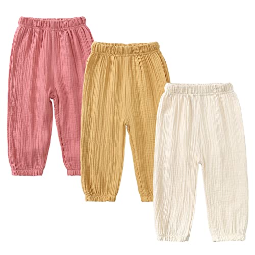 Image of Kids Tales 3 Pack Boys Girls Cotton Linen Pants Child Basic Plain Solid Trousers Big Kids Elastic Waist Long Pants Bloomers