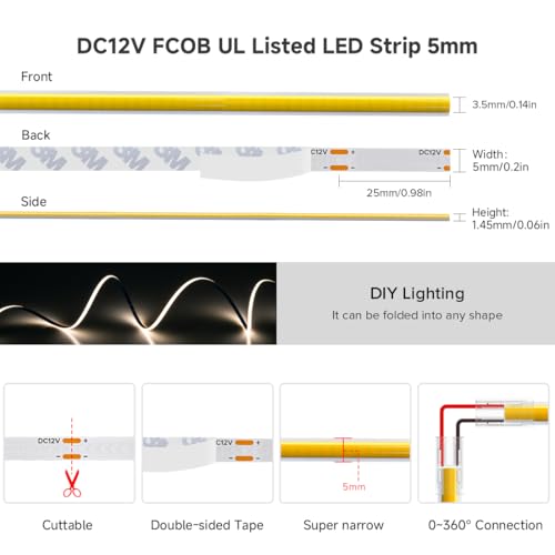Image of BTF-LIGHTING FCOB Thin 5mm Width COB LED Strip, UL Listed Natural White 4000K Narrow Uniform Light, 16.4FT DC12V CRI 90+ Flexible LED Tape Light for Home Indoor DIY Lighting(No Adapter or Controller)