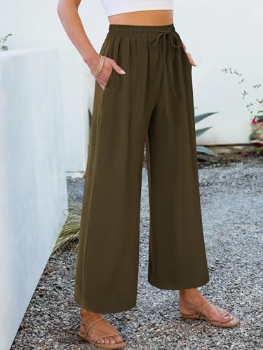 KIFOVEN Women's Summer Palazzo Pants Elastic High Waist Drawstring Casual Wide Leg Flowy Trousers with Pockets2