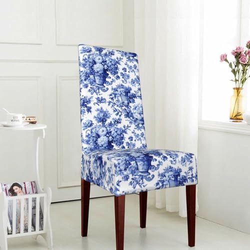 Gerrit TL85C9XY-582019181 Blue French Country Toile Pattern Dining Chair Covers Stretch Removable Washable Kitchen Chair Slipcovers thumb #4