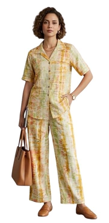 ara trends Women’s Multicolour Tie-Dye Co-Ord Set, Cotton Linen Blend Two-Piece Outfit with Short Sleeve Shirt & Wide-Leg Trousers, Relaxed Fit Casual Wear for Office, Travel & Daily Use-picture-39