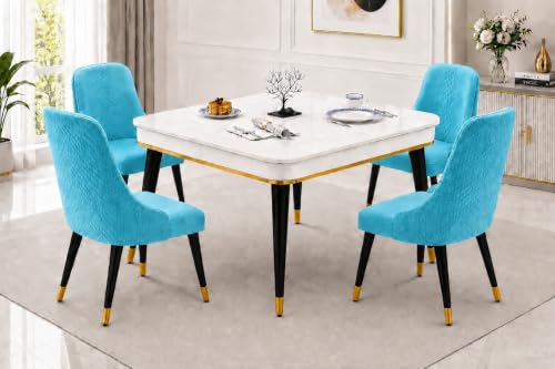 Image of WOODEN SPACE 4 Seater Wooden Dining Table Set | Urban Marble Top Dining Table with Chairs for Dining Room & Kitchen (Modern Vento Sky Blue) (42 x 42 x 30 inch)