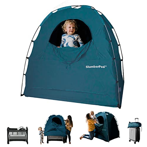Image of SlumberPod The Original Blackout Sleep Tent Travel Essential for Babies and Toddlers, Mini Crib and Pack N Play Cover, Sleep Pod for Kids with Monitor Pouch and Fan Pouch, Blocks 95%+ Light, Teal